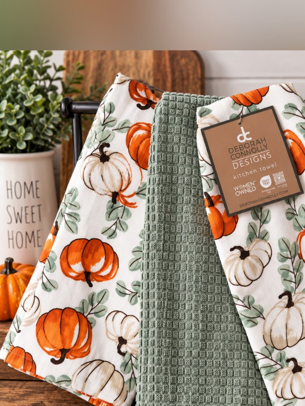 Pumpkin Print & Sage Waffle Kitchen Towel Set
